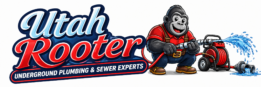 Utah Rooter logo featuring a cartoon gorilla in a red shirt, holding plumbing equipment, symbolizing underground plumbing and sewer expertise.
