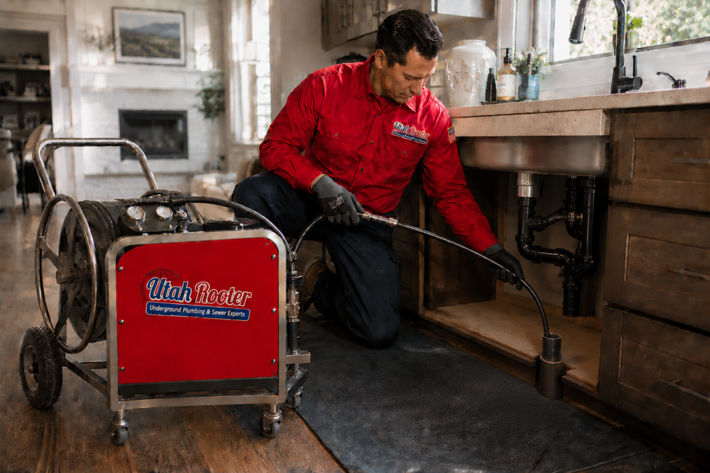 Hydro jetting equipment used to clear a sewer line